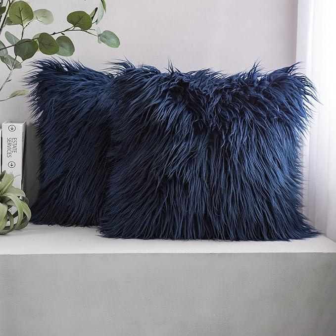 Phantoscope Pack of 2 Faux Fur Solid Throw Decorative Pillow Cover Cushion Covers Luxury Soft Decorative Pillowcase Fuzzy Pillow Covers for Bed/Couch,Navy Blue 24 x 24 Inches