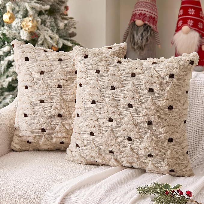 MIULEE Christmas Tree Decorative Pillow Covers Faux Fur Wool Throw Pillows Soft Plush Cushion Covers Set of 2 Xmas Home Decor Winter Holiday for Sofa Couch Livingroom Bed 18x18 Inch Beige