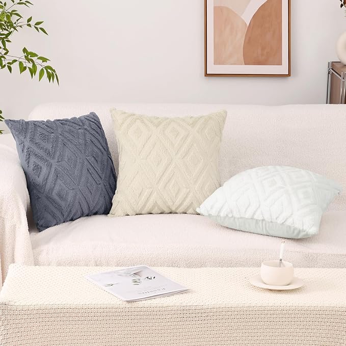 Pallene Christmas Cream White Throw Pillow Covers 20x20 Set of 2, Soft Plush Faux Fur Decorative Couch Pillow Covers for Sofa Bed Living Room Pillow Cases with 3D Diamond Pattern