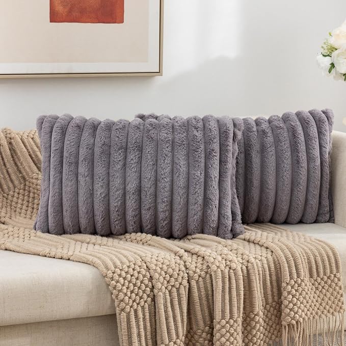 ZLINA Set of 2 Dark Grey Faux Fur Decorative Throw Pillow Covers Fluffy Striped Pillowcase Cushion Covers 12 x 20 Inch Decor Sofa Couch Bedroom