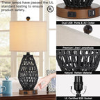 Touch Control Rattan Table Lamps, 3 Way Dimmable Bedside Lamps for Bedroom Set of 2 with 2 USB Ports and AC Outlet, Black Wicker Nightstand Lamps for Living Room (LED Bulbs Included)