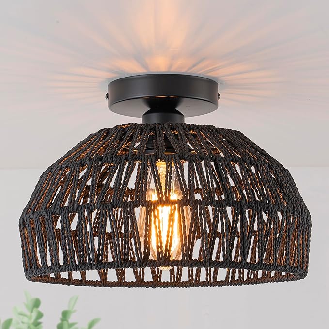 2 Packs Black Boho Light Rattan Ceiling Lighting Fixtures Small Boho Lamp Shade Flush Mount Ceiling Light Hand Woven Chandelier for Entryway Bedroom Kitchen Nursery Lights
