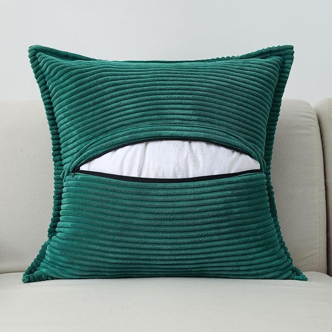 HAUSSY Teal Throw Pillow Covers 20x20 Inch Set of 2,Soft Solid Corduroy Striped/Wide Bordered,Square Decorative Cushion Case,Spring Home Decorations for Couch,Bed