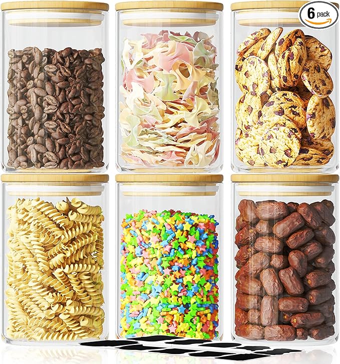 6 Piece Glass Storage Jars Set with Airtight Bamboo Lids and Labels, 37oz/1100ml Glass Spice Jars Food Storage Containers for Home Kitchen,Pantry, Tea, Sugar, Salt, Coffee, Flour, Herbs, Grains