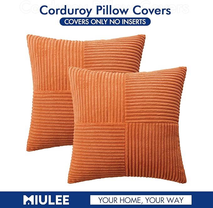 MIULEE Fall Burnt Orange Corduroy Pillow Covers Pack of 2 Boho Decorative Spliced Throw Pillows Soft Cross Patchwork Textured Covers Pillowcases Home Decor for Couch Living Room Bed Sofa 24x24 inch