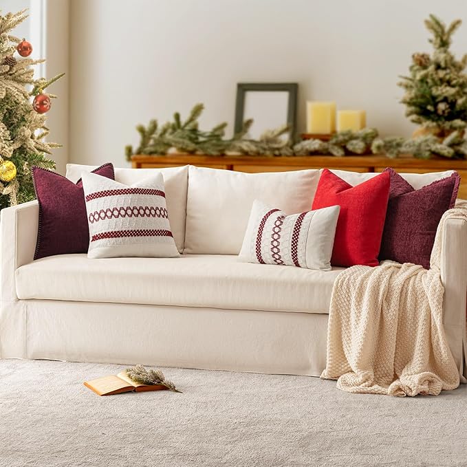 MIULEE Pack of 2 Christmas Pillow Covers 16x16 Inch Burgundy Red Farmhouse Decorative Throw Pillow Covers with Stitched Edge Soft Chenille Solid Dyed Couch Pillow Covers for Sofa Bed Living Room