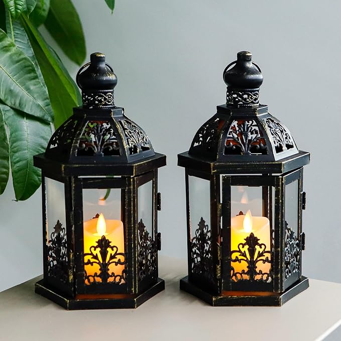 TRIROCKS Set of 2 Vintage Decorative Lanterns 9.5" H Hanging Lantern Metal Candleholder with Tempered Glass for Indoor Outdoor Home Decor Parties Garden Events Wedding(Black with Gold Brush)