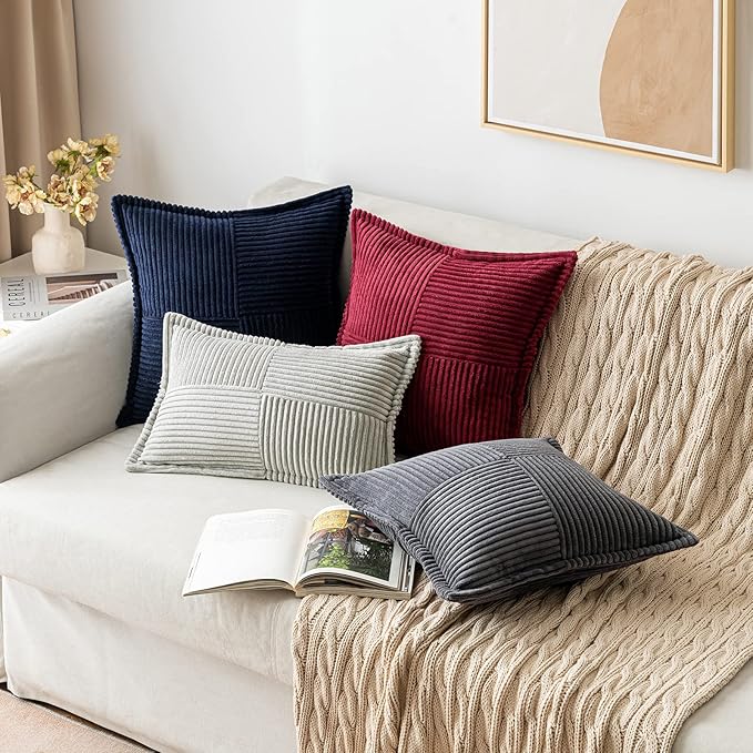 MIULEE Christmas Decorative Throw Pillow Covers for Couch Bed Livingroom 12x12 Inch Set of 2 Burgundy Boho Accent Throw Pllows Broadside Striped Patchwork Soft Corduroy Pillowcases