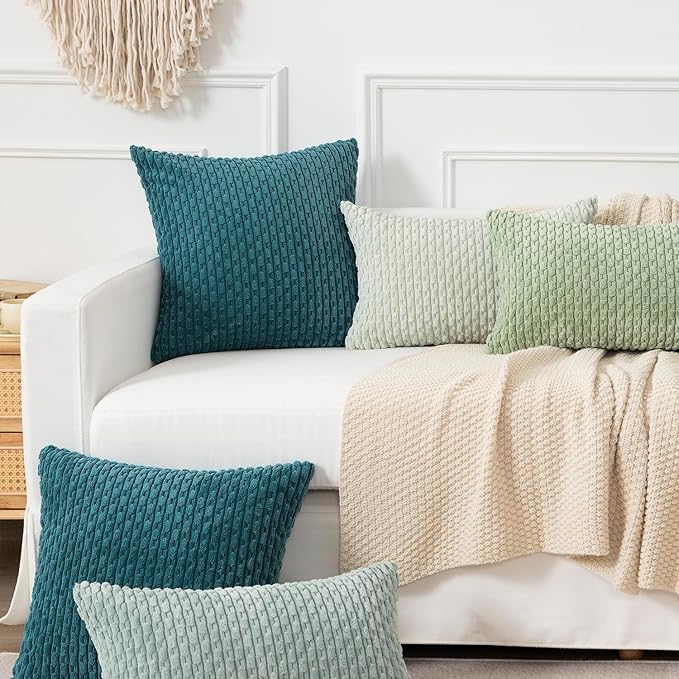 Kevin Textile Throw Pillow Covers Soft Corduroy Decorative Set of 2 Boho Striped Pillow Covers Pillowcases Farmhouse Home Decor for Couch Bed Sofa Living Room 18x18 Inch Teal Blue