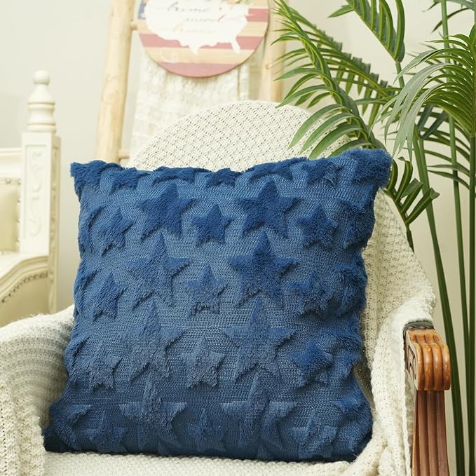GEEORY 4TH of July Stars Soft Plush Pillow Covers, 16 x 16 Inch Set of 2, Fluffy Faux Fur Wool Decorative Farmhouse Cushion Case for Sofa Home Decoration Blue Little Star GC028-16