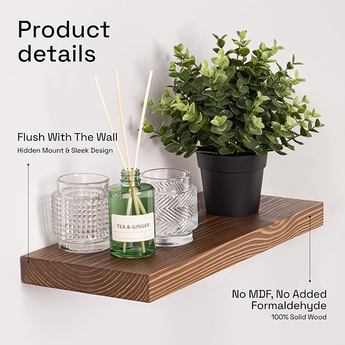 BAOBAB WORKSHOP Wood Floating Shelves for Wall - Wooden Floating Shelf 16 Inch - Rustic Bathroom Shelves for Room Wall for Kitchen Bedroom Living Room Farmhouse - Walnut Finish, 16″W × 6.7″D, Set of 2