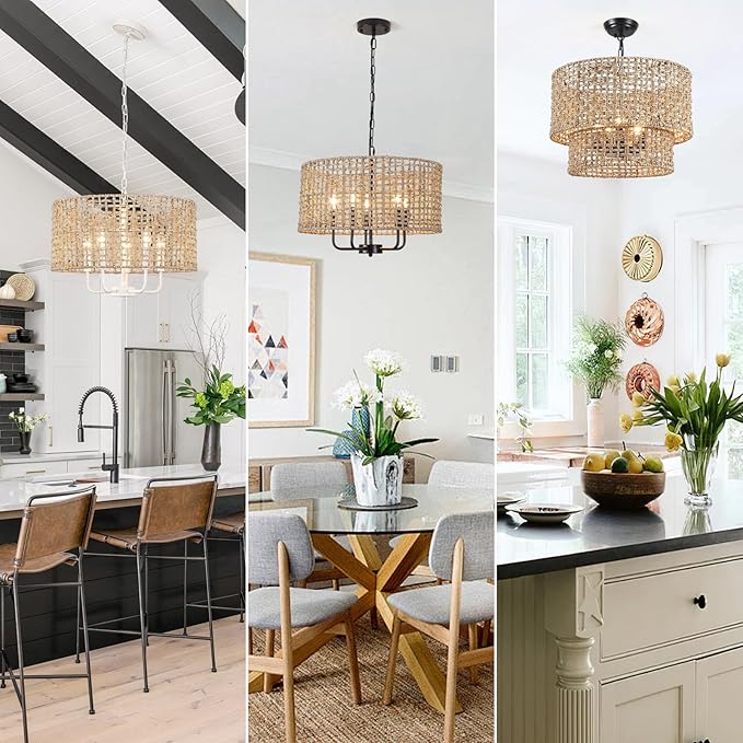 Rattan Chandelier for Dining Room 5-Light Boho Chandeliers Light Fixture Brown and Black Woven Pendant Light Farmhouse Light Fixtures for Living Room,Foyer,Kitchen Island,Coastal,Stairway,Hallway,E12