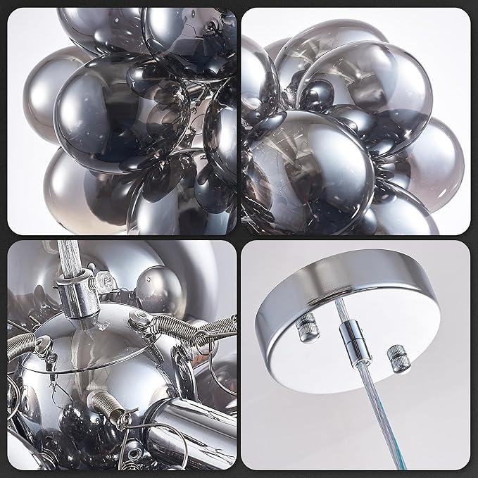 Longree Bubble Ball Chandelier Smoked Black, Dia 20 inch Oval Bubble Glass Pendant Light Fixture for Bedroom Study Bathroom