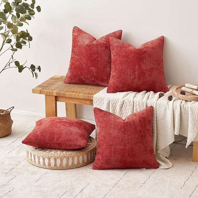 MIULEE Christmas Red Pack of 4 Couch Throw Pillow Covers 18x18 Inch Soft Decorative Chenille Pillow Covers Farmhouse Accent Cushion Covers for Boho Home Decor Sofa Bedroom Living Room