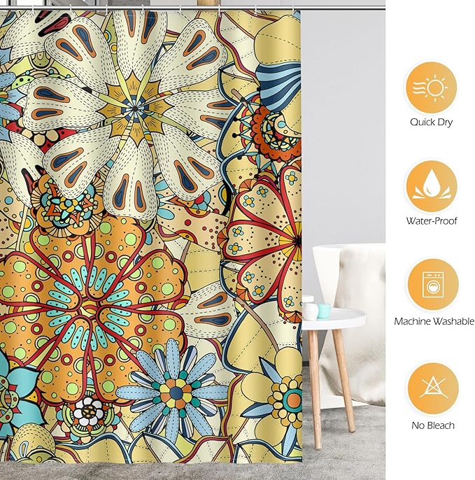 Aimego Boho Floral Shower Curtains - Bohemian Mandala Gypsy Colorful Flowers Bath Shower Curtain Set with 12 Hooks for Adults Bathroom Decor Accessories, 72"x72"