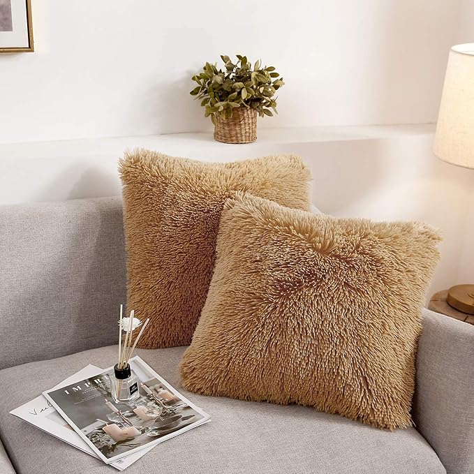 XeGe Soft Faux Fur Throw Pillow Covers, Luxury Fluffy Cushion Covers, Shaggy Plush Furry Pillow Cases, Fuzzy Decorative Pillow Covers Pack of 2 for Sofa Bed Couch Bedroom (18''x18'', Camel)