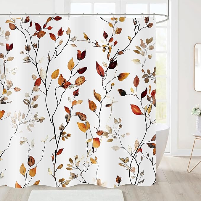 Brown Eucalyptus Leaves Shower Curtain Fall Leaf Floral Shower Curtains for Bathroom Waterproof Polyester Fabric Bath Curtain 72 x 72 Inch with 12 Hooks