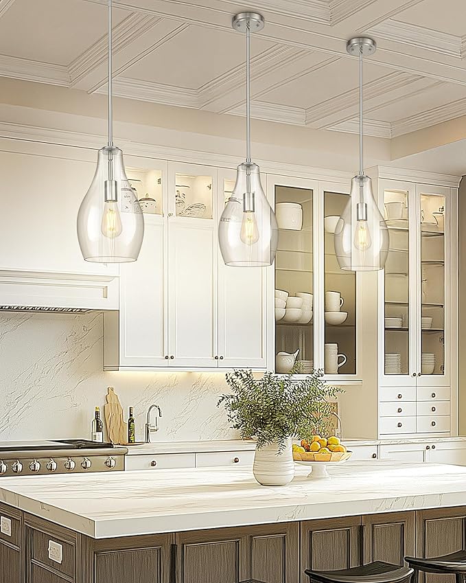 2-Pack Pendant Lights Kitchen Island, 8" Brushed Nickel Hanging Light Fixtures with Clear Glass Shade, Modern Large Kitchen Pendant Lighting Over Island for Dining Room, AD-25045-2PB-SN