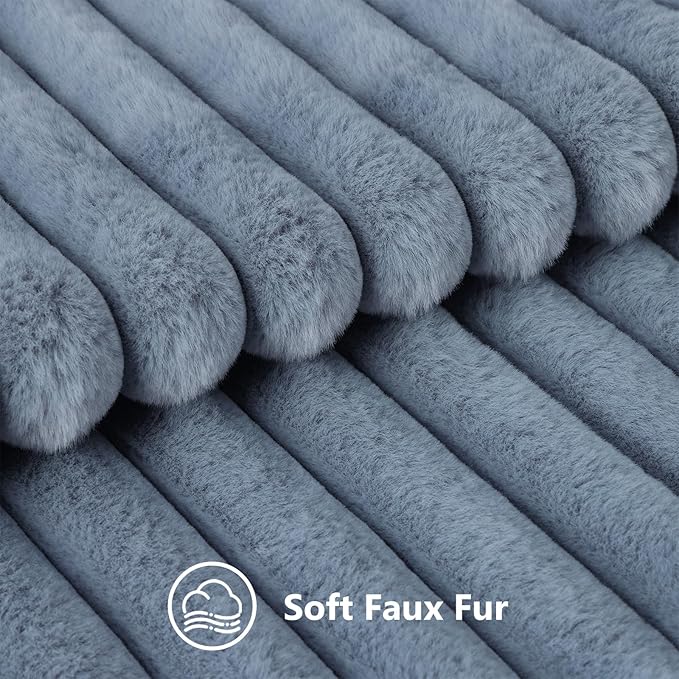 decorUhome Faux Fur Throw Pillow Covers 16x16 Set of 2, Decorative Soft Plush Striped Neutral Couch Euro Pillow Covers with Velvet Back for Sofa, Bed, Living Room Home Decor, Grey Blue