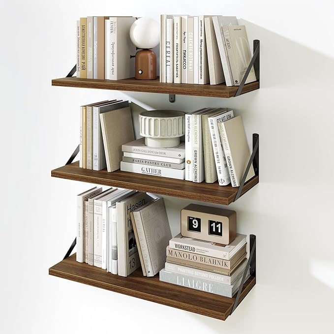 Fun Memories Floating Bookshelves, Set of 3 Wall-Mounted Wood Shelves 24" W x 8" D, Decorative Wall Shelf for Living Room, Bedroom, Bathroom, and Laundry Room (Walnut)