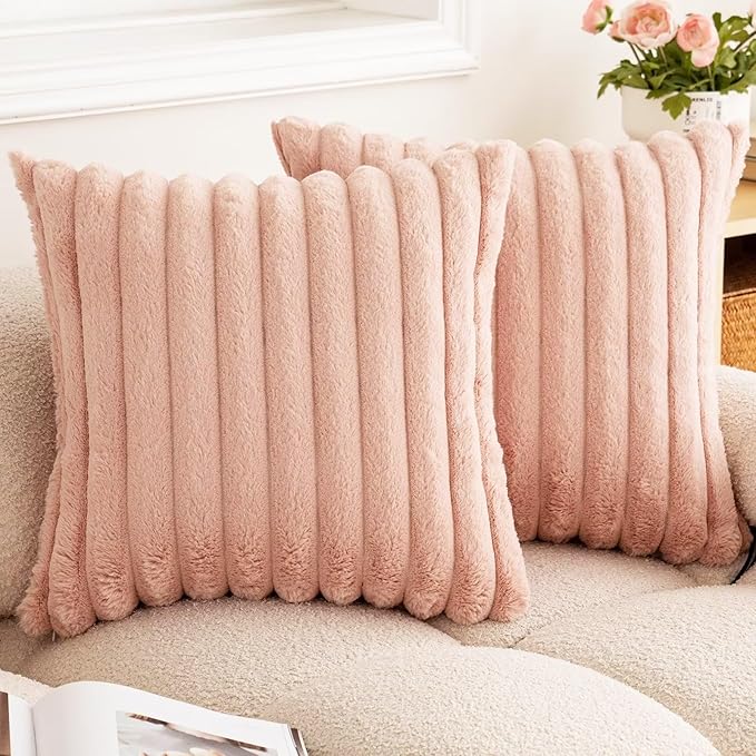 Double-Sided Faux Fur Plush Throw Pillow Covers 20x20 Set of 2 Fuzzy Striped Soft Cozy Pillowcase Luxury Decorative Pillows Square Shaggy Cushion Covers for Couch Sofa Bed,Pink