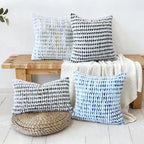 Boho Chenille Tufted Pillow Cover 24x24 Inch Set of 1, Farmhouse Striped Decorative Pillow Covers Accent Fluffy Neutral Square Pillowcases for Couch Sofa Bedroom Living Room, Blue White