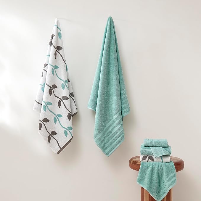Modern Threads Organic Vines 6-Piece 100% Cotton Towel Set – Yarn Dyed Jacquard & Solid – Includes 2 Bath Towels, 2 Hand Towels, 2 Washcloths – Absorbent, Quick Dry, Soft & Durable – Aqua (Pack of 8)