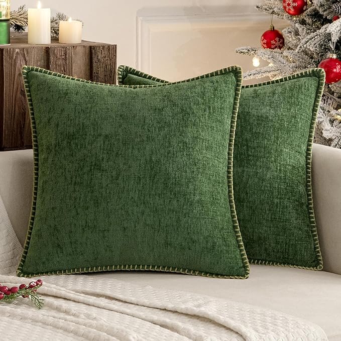 MIULEE Pack of 2 Christmas Pillow Covers 24x24 Inch Moss Green Farmhouse Decorative Throw Pillow Covers with Stitched Edge Soft Chenille Solid Dyed Couch Pillow Covers for Sofa Bed Living Room