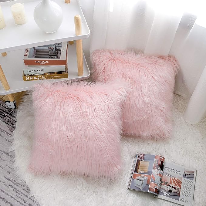 WLNUI Set of 2 Pink Christmas Decorative Fluffy Pillow Covers New Luxury Series Merino Style Blush Faux Fur Throw Pillow Covers Fuzzy Cushion Case for Sofa Bedroom Living Room Home Decor 20x20 Inch