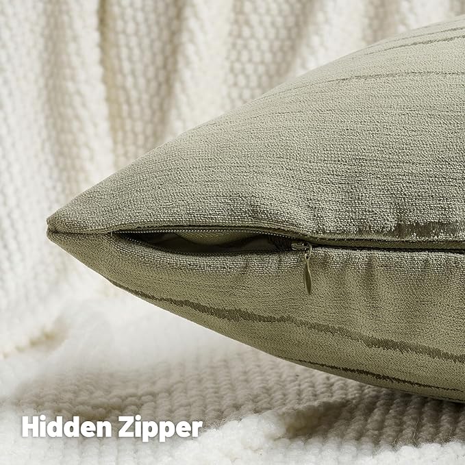 FUTEI Olive Green Chenille Decorative Throw Pillow Covers 22x22 Inch Set of 2,Soft Embossed Striped Textured Cushion Case,Modern Home Decor for Couch Bed Living Room
