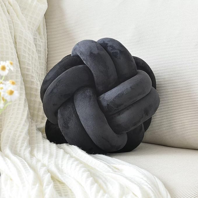 Knot Pillow Ball, Soft Home Decorative Throw Pillows Cushion, Round Changeability Knotted Pillows, Modern Home Handmade Cushions for Bedroom, Sofa, Couch (8 Inch, Black)