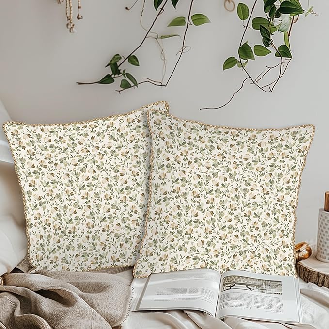 KSLIDS Sage Green Beige Floral Soft Velvet Throw Pillow Covers Set of 2 Vintage Brown Flower Decorative Pillow Covers 20x20 Inch Rustic Pillow Case for Sofa Couch Bedroom Farmhouse Home Decor