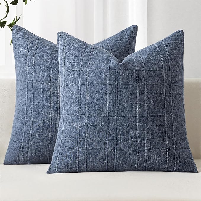 MIULEE Decorative Linen Check Throw Pillow Covers Neutral Farmhouse Vintage Pillow Covers 18x18 Set of 2 Boho Modern Home Decor for Sofa Couch Bedroom Cushion Blue