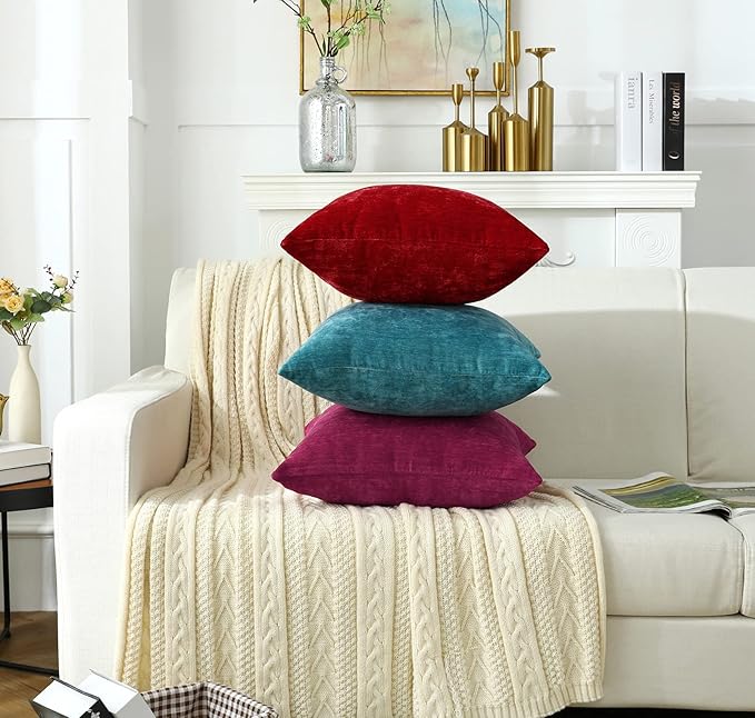 Jeneoo Decorative Dark Aqua Throw Pillow Covers Rustic Farmhouse Soft Square Chenille Comfy Solid Couch Cushion Cases for Sofa Bedroom (Set of 2, 18 x 18 Inches)