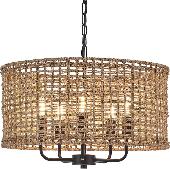 Hand-Woven Rattan Chandelier Vintage Farmhouse Boho Bamboo Chandeliers Light Fixture Rustic Retro 5-Lights Drum Wicker Rattan Black Chandelier for Dining Room, Kitchen, Living Room, E12