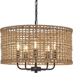 Hand-Woven Rattan Chandelier Vintage Farmhouse Boho Bamboo Chandeliers Light Fixture Rustic Retro 5-Lights Drum Wicker Rattan Black Chandelier for Dining Room, Kitchen, Living Room, E12