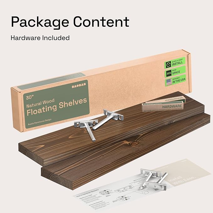 BAOBAB WORKSHOP Wood Floating Shelves for Wall 30 Inches Long, Solid Wooden Bathroom Shelf Large, Heavy Duty Wall Shelf 30 Inch Kitchen Bedroom Rustic Farmhouse, Walnut Shelves, 30W × 6.7D, Set of 2