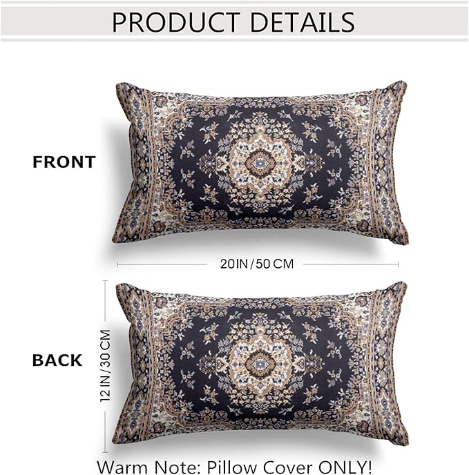 Snycler Boho Throw Pillow Covers 12x20 inch Set of 2 Black Medallion Border Area Rug Double Sided Pattern Cotton Soft Pillow Case Cushion Cover Pillowcase for Couch Sofa Bed Decorative