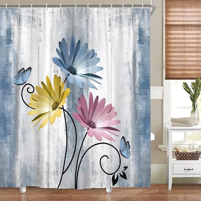 Rustic Farmhouse Shower Curtain, Farm Blue Daisy Floral Flowers and Butterfly on Country Wooden Shower Curtain for Bathroom, Turquoise Pink Yellow Bathroom Shower Curtains with 12PCS Hooks, 70X84IN