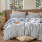 MooMee Striped Duvet Cover Set 100% Washed Cotton Linen Like Textured Breathable Durable Soft Comfy (Cornflower Blue White Wide Stripes, Queen 90"x90")