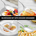 49Pcs Silverware Set with Organizer, Silver Stainless Steel Flatware Set for 8 Cutlery Utensil Sets with Steak Knives, Spoons and Forks Set, Dishwasher Safe