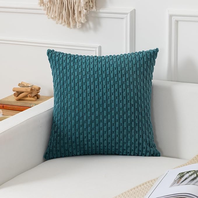 Kevin Textile Throw Pillow Covers Soft Corduroy Decorative Set of 2 Boho Striped Pillow Covers Pillowcases Farmhouse Home Decor for Couch Bed Sofa Living Room 24x24 Inch Teal Blue