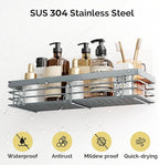 Orimade Adhesive Shower Caddy Soap Dish Holder Shelf with 5 Hooks Bathroom Organizer Basket Kitchen Storage Rack Wall Mounted No Drilling Stainless Steel - 3 Pack, Light Blue Grey