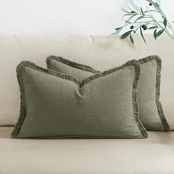 Woaboy Decorative Linen Fringe Throw Pillow Covers Boho Farmhouse Soft Lumbar Accent Pillowcases with Tassels Christmas Decor for Livingroom Couch Sofa Bed,12x20 Inch Set of 2,Olive Green