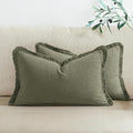 Woaboy Decorative Linen Fringe Throw Pillow Covers Boho Farmhouse Soft Lumbar Accent Pillowcases with Tassels Christmas Decor for Livingroom Couch Sofa Bed,12x20 Inch Set of 2,Olive Green