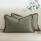 Woaboy Decorative Linen Fringe Throw Pillow Covers Boho Farmhouse Soft Lumbar Accent Pillowcases with Tassels Christmas Decor for Livingroom Couch Sofa Bed,12x20 Inch Set of 2,Olive Green