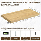 24 Inch Floating Shelves, 12 Inch Deep Floating Shelves for Wall, Floating Shelf with Invisible Brackets, Deep Shelves for Bathroom, Bedroom, Living Room, 2 Pack, Natural