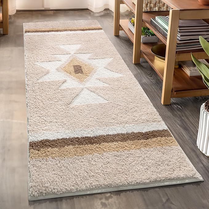 Boho Non Slip Shaggy Soft Absorbent Long Bathroom Runner Carpet for Shower Entryway, Beige 24x47