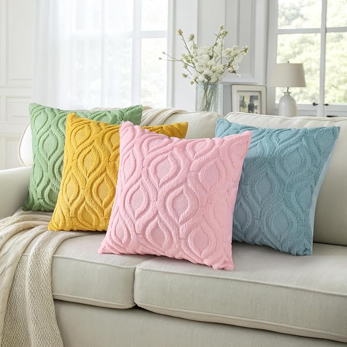 decorUhome Fall Throw Pillow Covers 18x18 Inch Set of 2, Soft Plush Decorative Faux Fur Aqua Solid Couch Pillow Covers, Accent Farmhouse Neutral Square Euro Pillow Cases for Sofa Bed Living Room