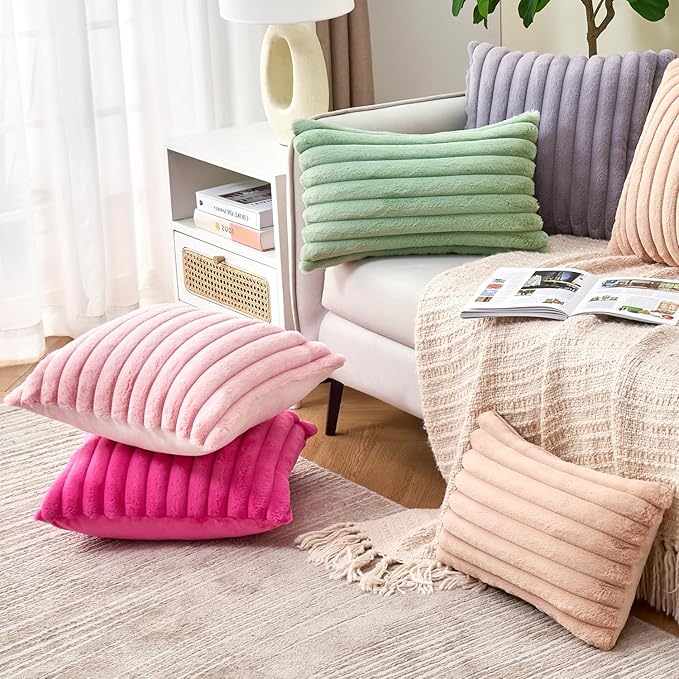 Throw Pillow Covers Decorative Faux Fur Set of 2 18x18 Inch Pillow Covers, Soft Pink Striped Pillowcases for Couch Sofa Bed Living Room, Fluffy Cute Home Boho Accent Fuzzy Decor